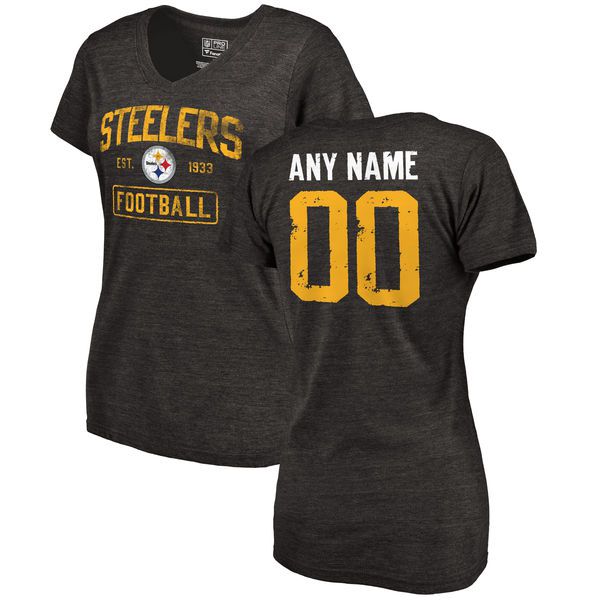 Women Black Pittsburgh Steelers Distressed Custom Name and Number Tri-Blend V-Neck NFL T-Shirt